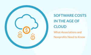 Dollars around a cloud, showing the cost of cloud based softwares. Topic for image is: Software in the Age of cloud: What associations and nonprofits need to know.