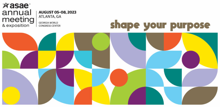 ASAE 2023 Annual meeting in Atlanta. August 05 - 08, 2023. Theme- Shape your Purpose. A colourful set of geometric shapes making a modern abstract mural